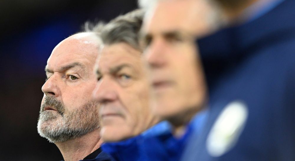 Steve Clarke and Scotland's coaching staff watching on during a UEFA Nations League match at Hampden Park, Glasgow