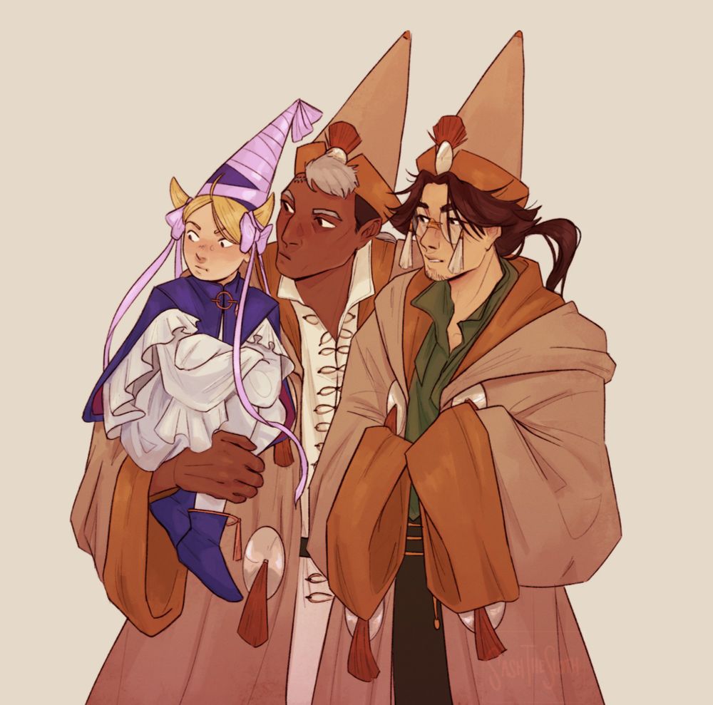 Drawing from the waist up of witch hat atelier characters Ininia, Galga, and Atwert. Ininia is being carried by Galga. They are all looking to the side. 