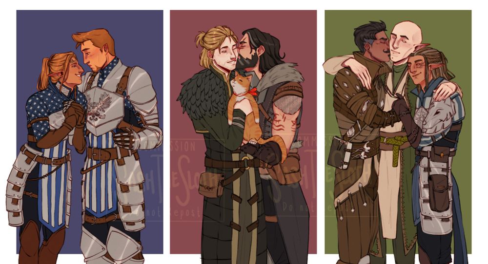A dragon age world state commission with 3 pairings: the warden and Alistair, Hawke and Anders, and Solas, The Inquisitor, and Dorian. 