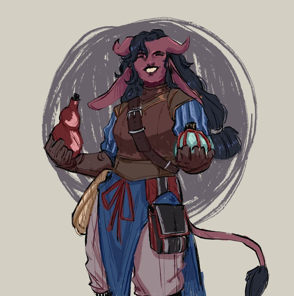 Artfight attack of Lyka, a red skinned tiefling lady smiling and holding two glass bottles. 