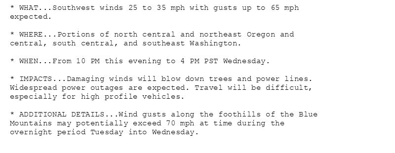 * WHAT...Southwest winds 25 to 35 mph with gusts up to 65 mph
expected.

* WHERE...Portions of north central and northeast Oregon and
central, south central, and southeast Washington.

* WHEN...From 10 PM this evening to 4 PM PST Wednesday.

* IMPACTS...Damaging winds will blow down trees and power lines.
Widespread power outages are expected. Travel will be difficult,
especially for high profile vehicles.

* ADDITIONAL DETAILS...Wind gusts along the foothills of the Blue
Mountains may potentially exceed 70 mph at time during the
overnight period Tuesday into Wednesday.