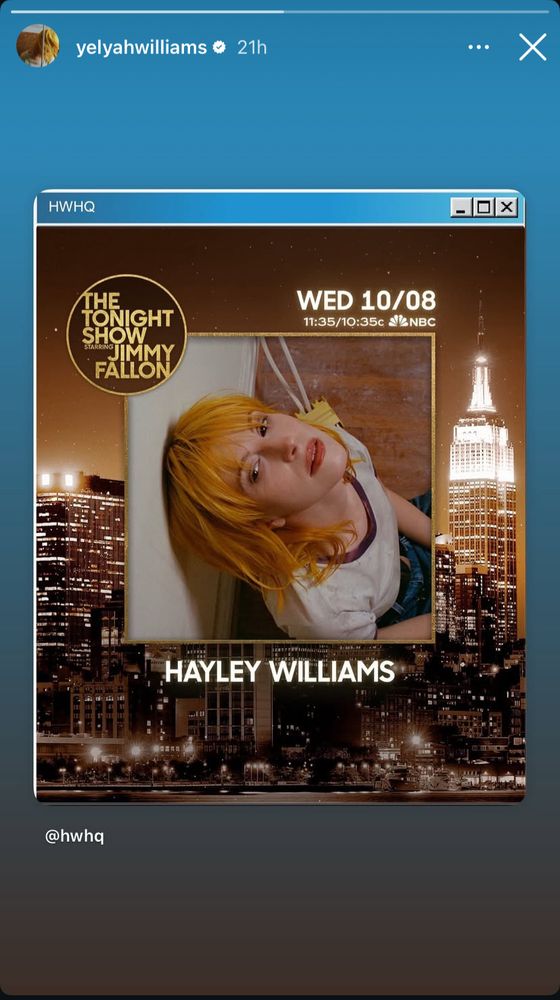Hayley Williams post on Instagram story that she’ll be on The Tonight Show 10/8