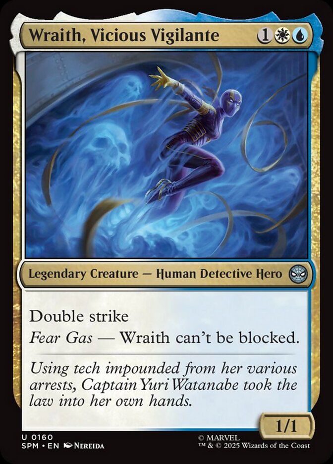 {1}{W}{U} • Legendary Creature — Human Detective Hero • 1/1 • Double strike Fear Gas — Wraith can't be blocked. • Marvel's Spider-Man (SPM) #160 • Illustrated by Nereida • Magic: The Gathering, MTG