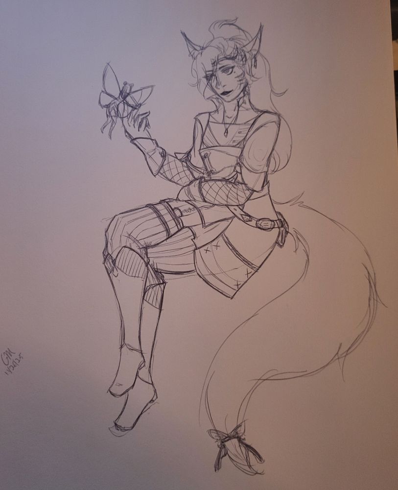 A miqote in a sitting position, wearing boots and a folded coat/vest. They have a long fluffy tail with a ribbon at the end and tufted ears.
Their right fingers are outstretched, and a small fairy has her hands on their fingers.