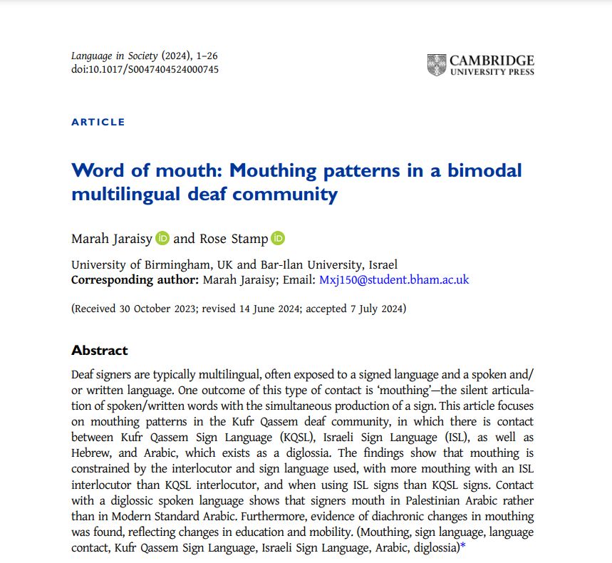 A screenshot of the article: Word of Mouth: Mouthing patterns in a bimodal multilingual deaf community. 

(Click on the link to read the abstract and the full article)