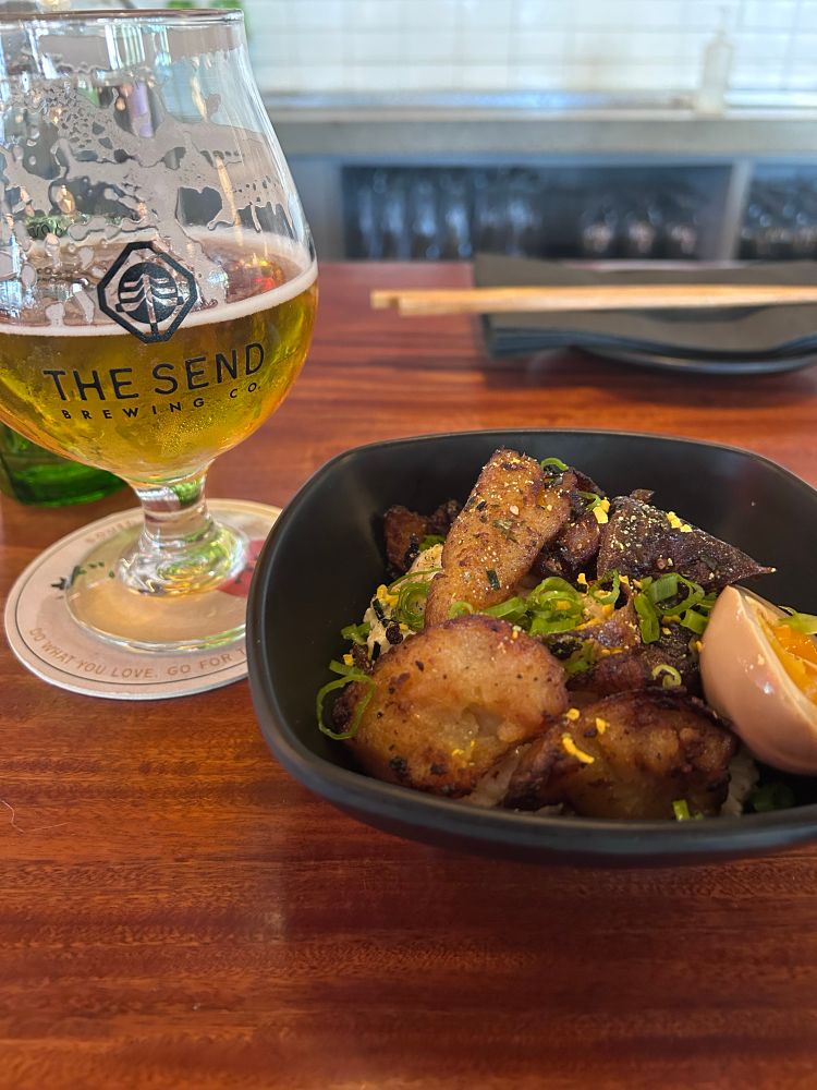 Japanese style potatoes, slow egg and a beer