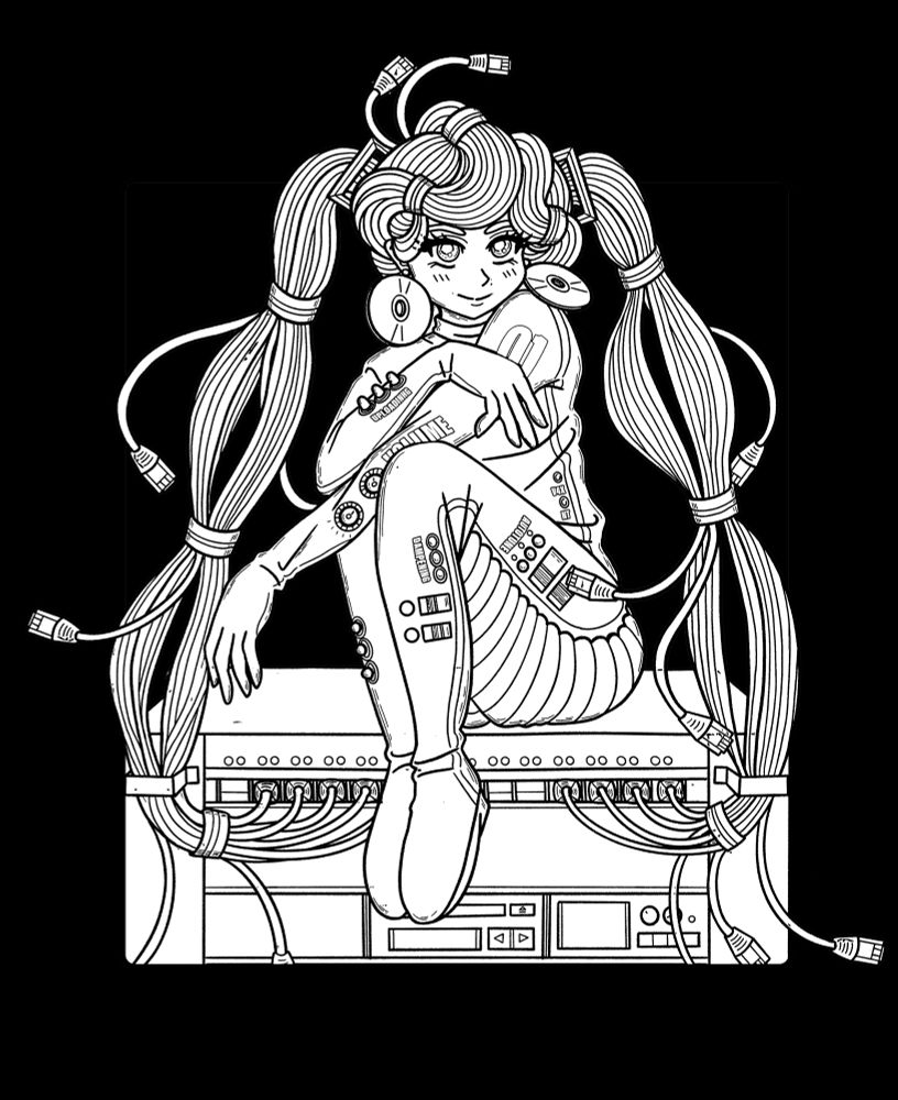 CAT5 Hatsune Miku sitting on a internet server with cables for hair