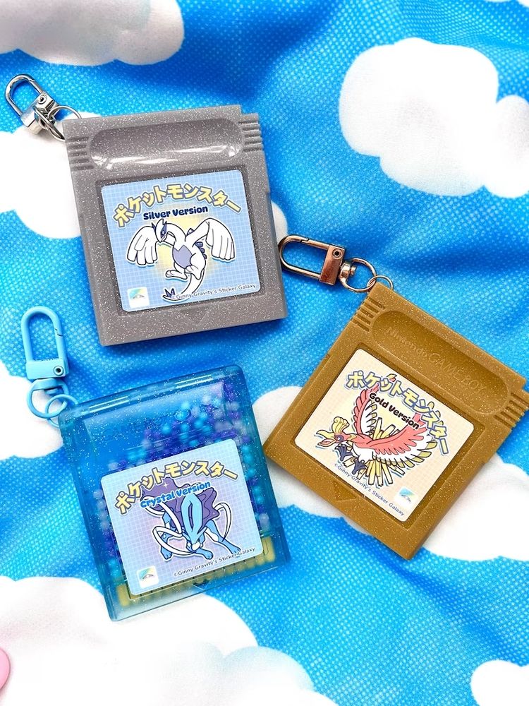 Pokemon Game Cartridge shaker Bag Charms in Gold, Silver and Crystal Versions