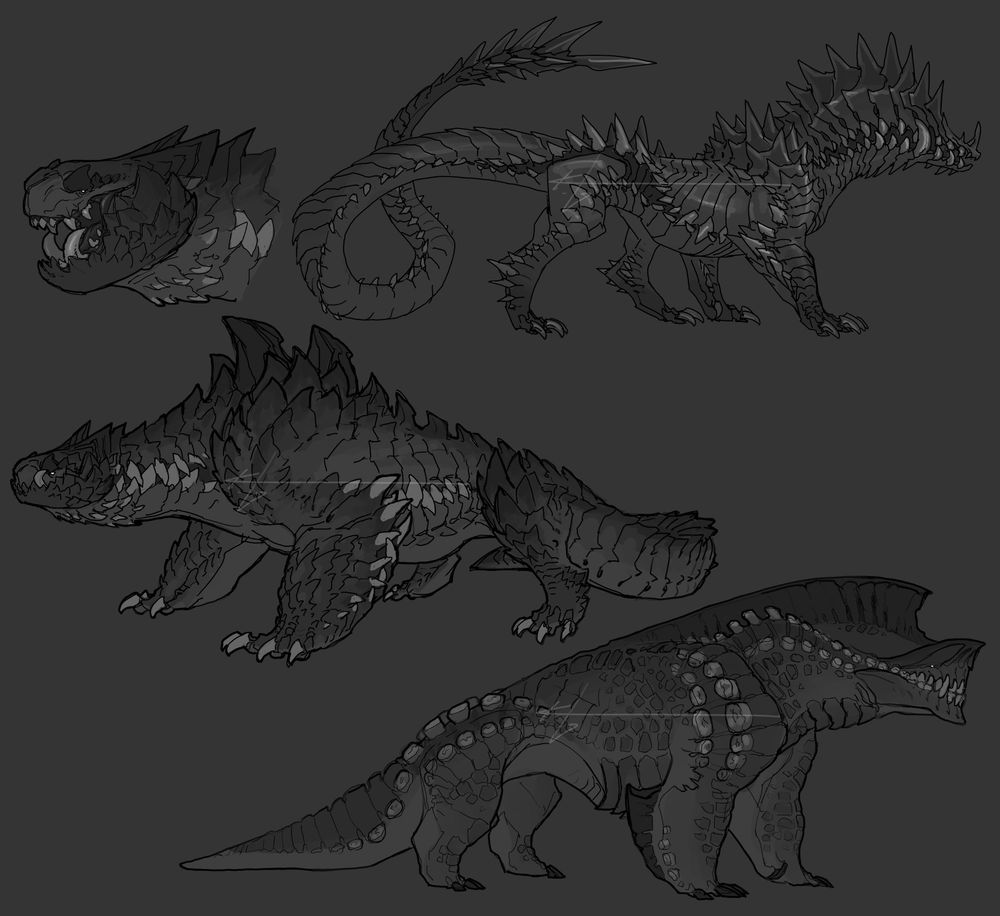 Three creatures designs all with varying teeth-like scales