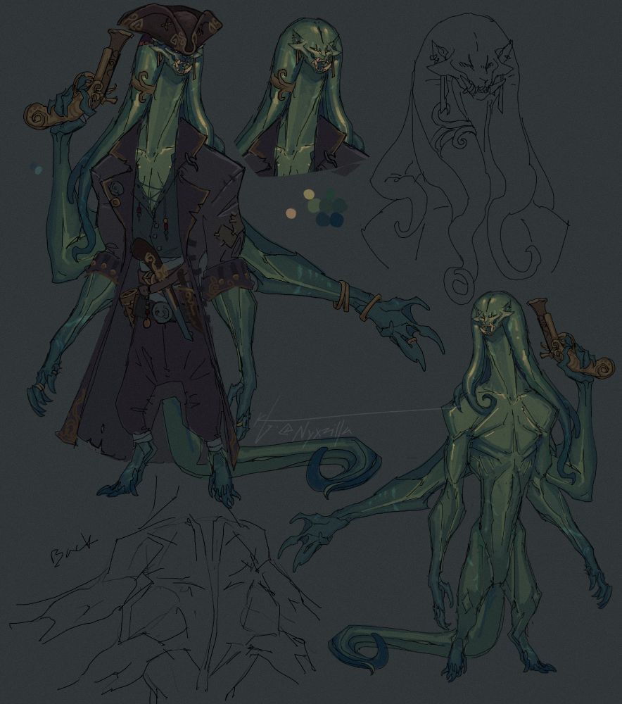 sketchy reference sheet of a green alien space pirate, with tentacle hair and four arms