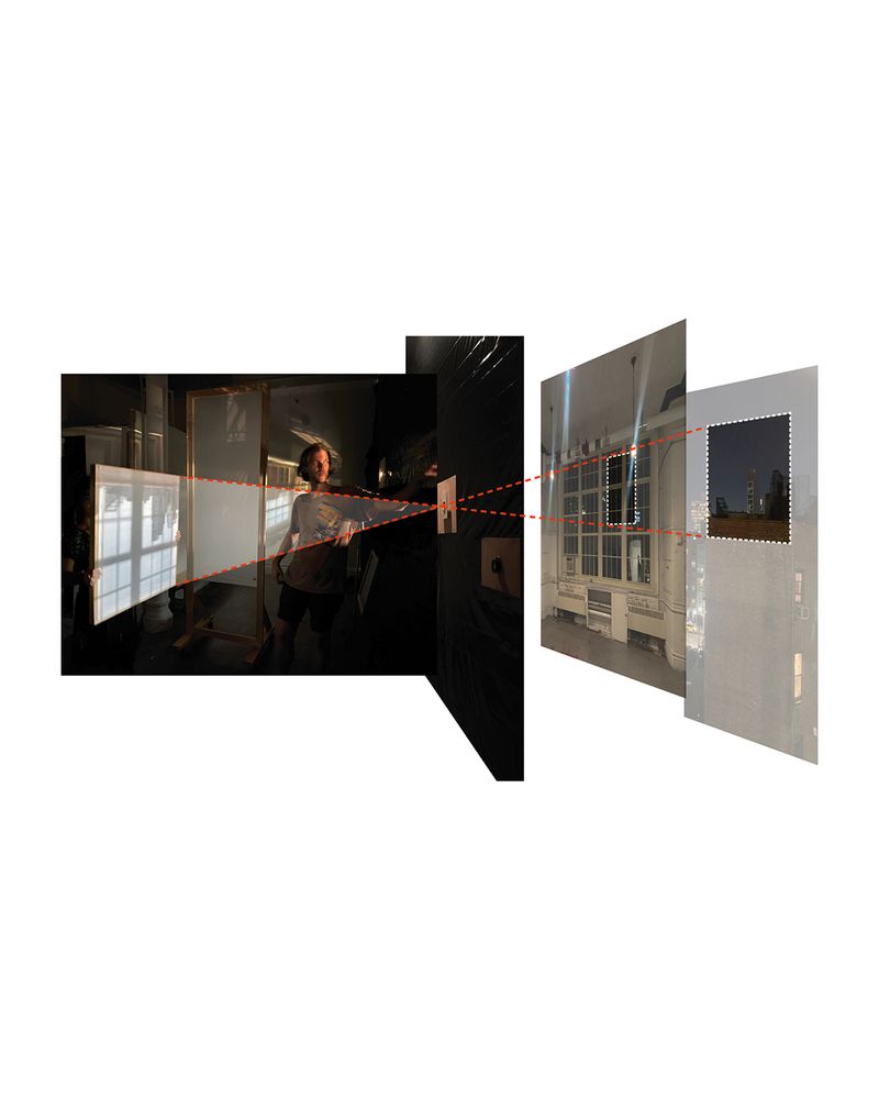 A diagram showing how the images from the outside, as seen through the window frames in the space, gets projected into the camera space, and is visible upside down.