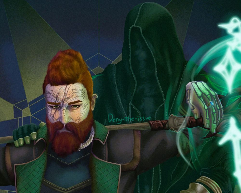 This is a close-up of the painting focusing on Laird and Vorgoth's faces.