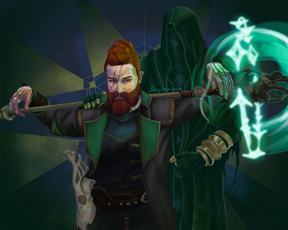 Laird, the ginger-haired man, balances the Bargaining staff on his shoulders while draping his forearms over it. He is wearing the Death's Disciple outfit, decorated with grave gold, with his sun-bleached halla skull named Ordie on his belt. Green magic swirls around the staff. Vorgoth stands behind Laird, hand on Laird's right shoulder. 
