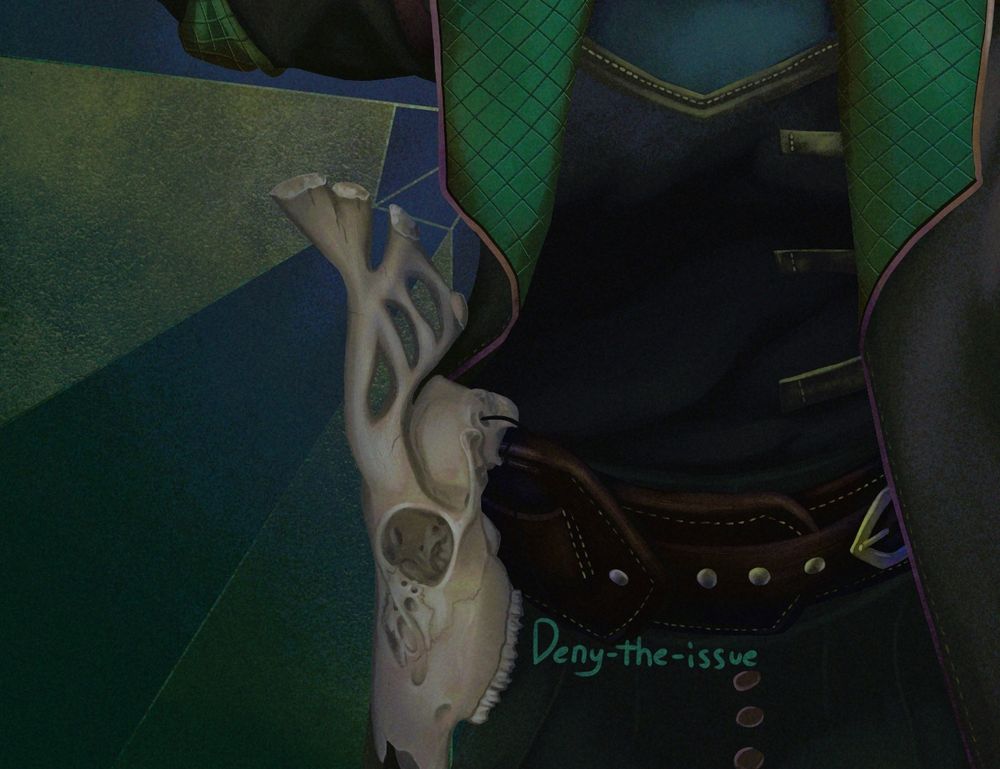 This is a close-up of the painting focusing on Ordie, the halla skull. 