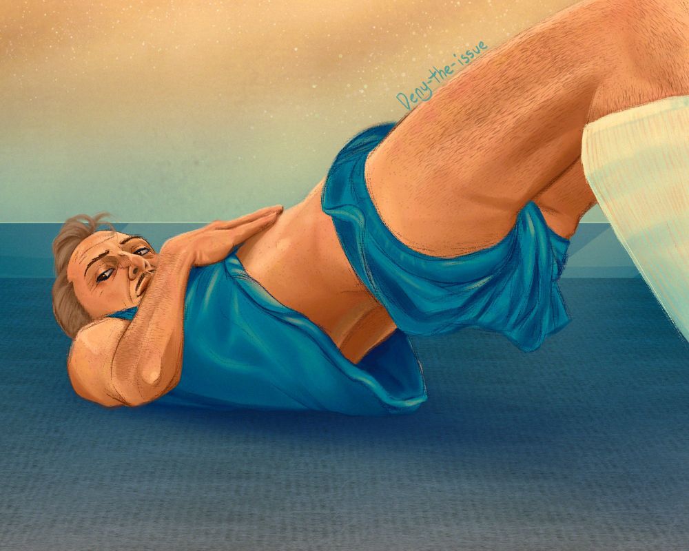 Emmrich feels up his abdomen while elevated in the bridge pilates pose with his eyes locked on you. He is wearing a crop top and short shorts.