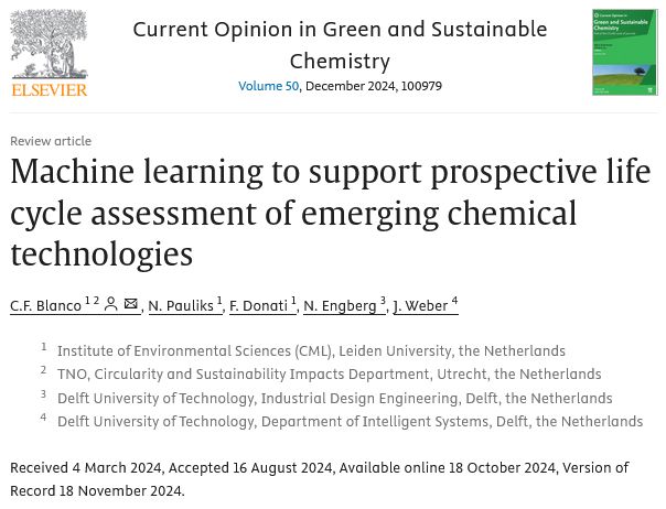 Machine learning to support prospective life cycle assessment of emerging chemical technologies.
Current Opinion in Green and Sustainable Chemistry
Volume 50, December 2024, 100979
https://doi.org/10.1016/j.cogsc.2024.100979