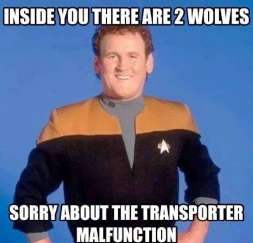 Miles O'Brien: "Inside you there are two wolves. Sorry about the transporter malfunction"