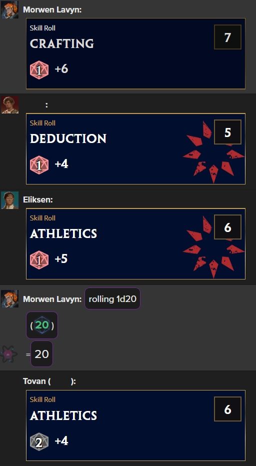 A screenshot of a Roll20 chat log.  3 natural ones were rolled in a row, followed by a test d20 roll that resulted in a natural 20, followed by a natural 2.