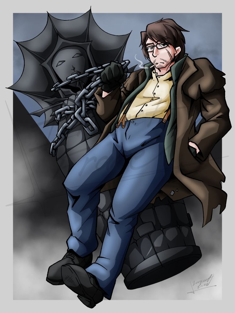 An unamused looking man leans back over an iron maiden he carries on a chain.  He wears faded blue pants held by suspenders, a button-up shirt, and a ratty leather jacket over top.  He has medium-length brown hair and glasses, as well as a vertical scar across his left cheek and jawline.