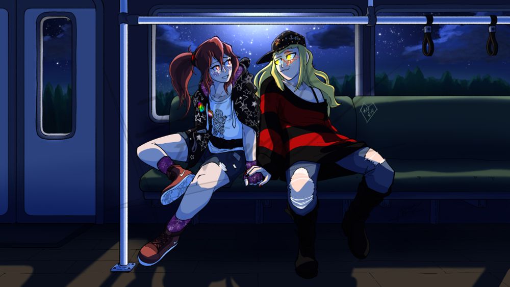 Two women sit next to each other on the train, one shy and flustered and the other confident as they lean into each other.  They are illuminated by a starry sky out the window behind them.