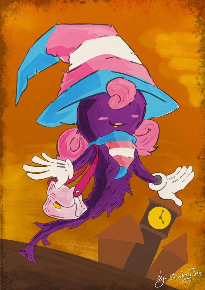 vivian from paper mario 1000 year door, wearing a trans pride scarf and witch's hat
