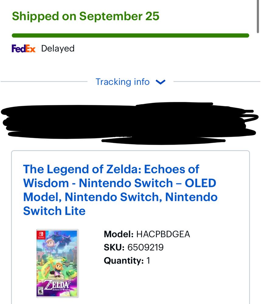Image of an online best-buy receipt that shows the game being delayed by FedEx.