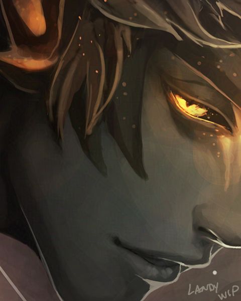 Cropped close-up of a digital paiting of the sylvari Trahearne from Guild Wars 2. We see his eye peering up toward the viewer, smirking. 