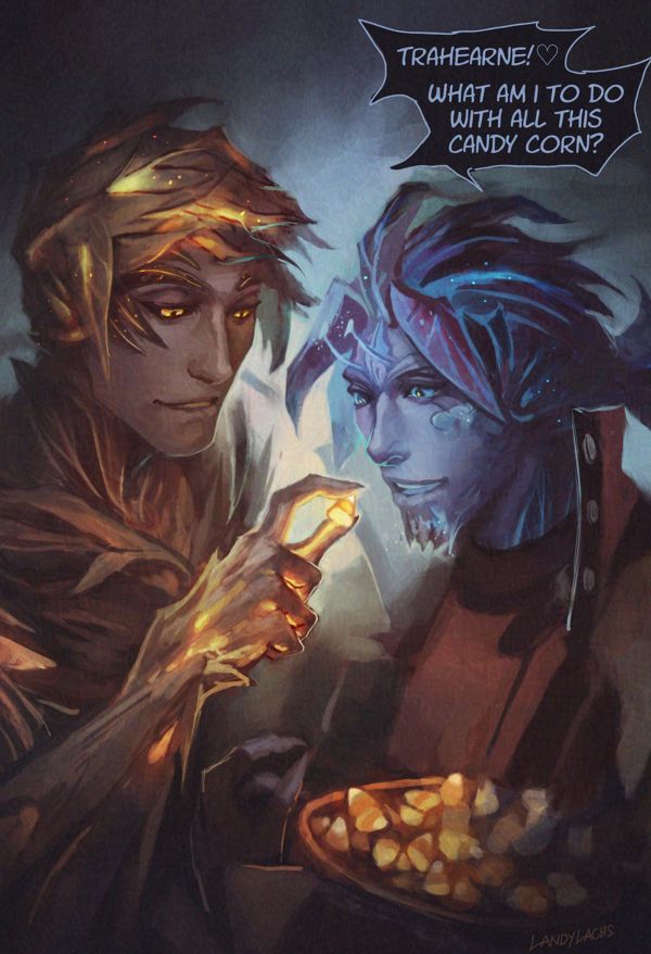 Trahearne holds a single candy corn before an unsuspecting Malyck, who has never yet tasted the sugary confection, and seems delighted to try it. Text reads: Malyck: "Trahearne! What am I to do with all this candy corn?"