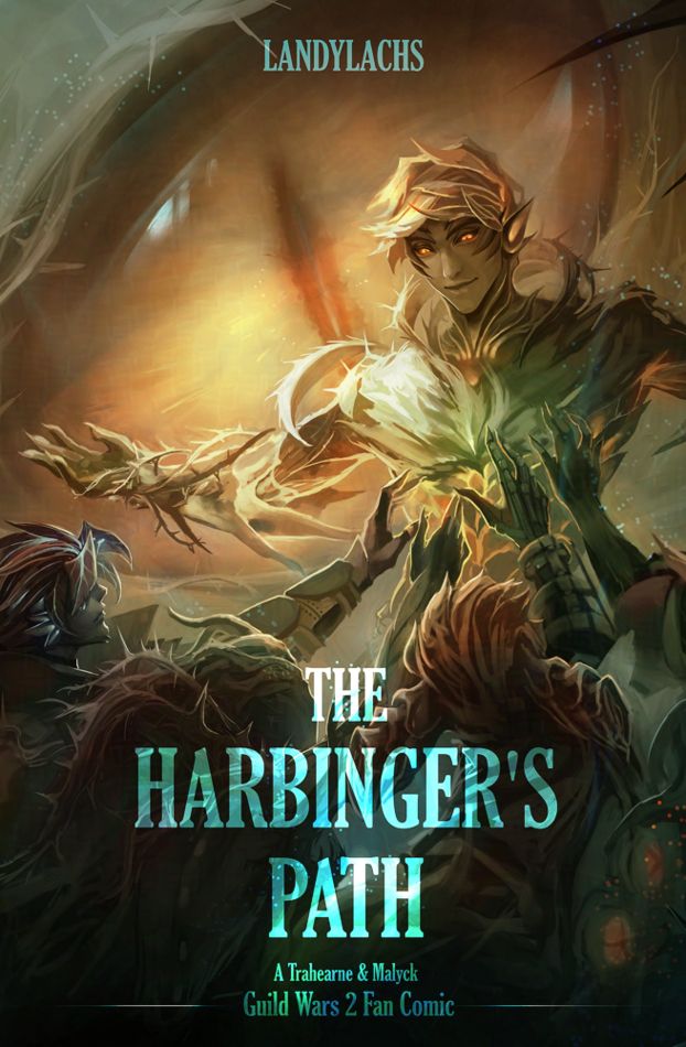 Cover art for "The Harbinger's Path" webcomic. Features Trahearne surrounded by various sylvari NPC's from the game. 
