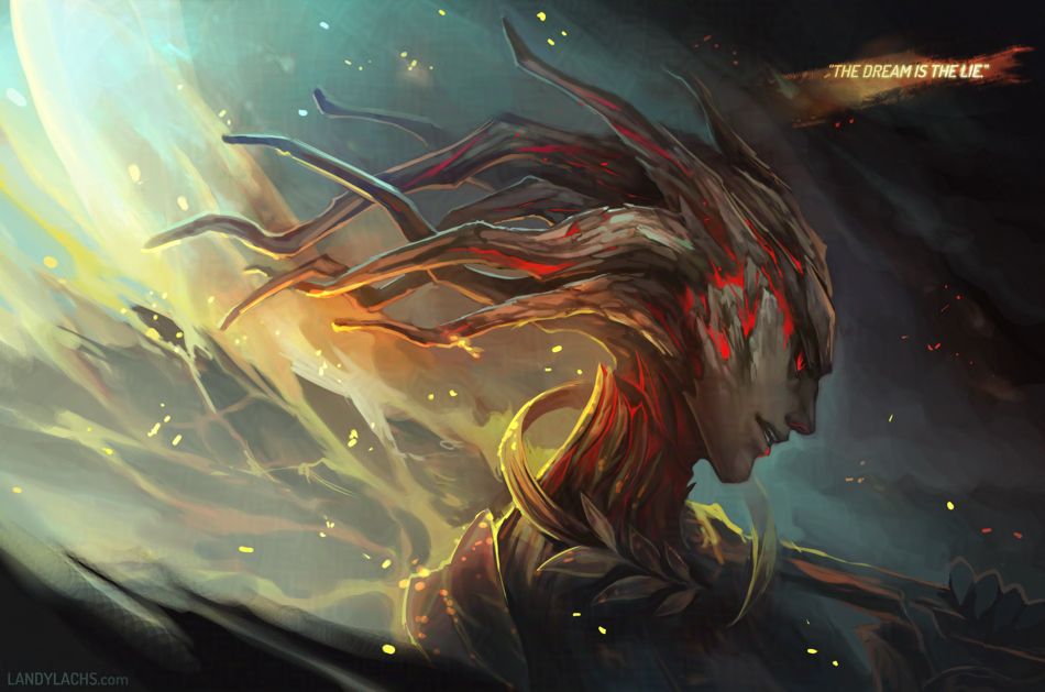 Side-profile painting of a Nightmare Court sylvari elementalist from Guild Wars 2. He has long, bare branches for hair, and a red bioluminescent glow. He wields a "Fiery Greatword" over his far shoulder. 