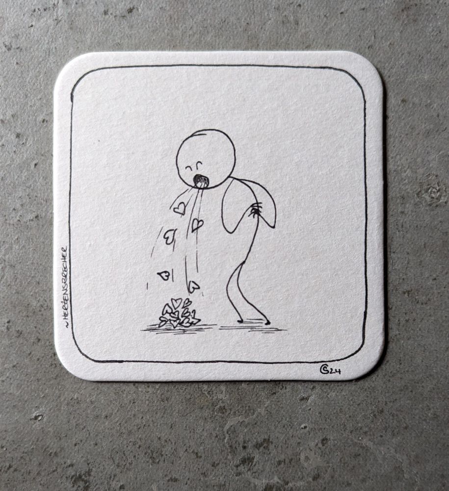 Strichmännchen erbricht Herzen auf einem Bierdeckel gezeichnet