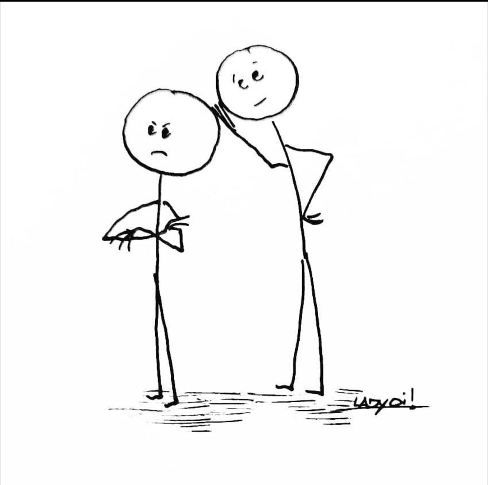 Ein Strichmännchen horcht am Kopf eines anderen Strichmännchen