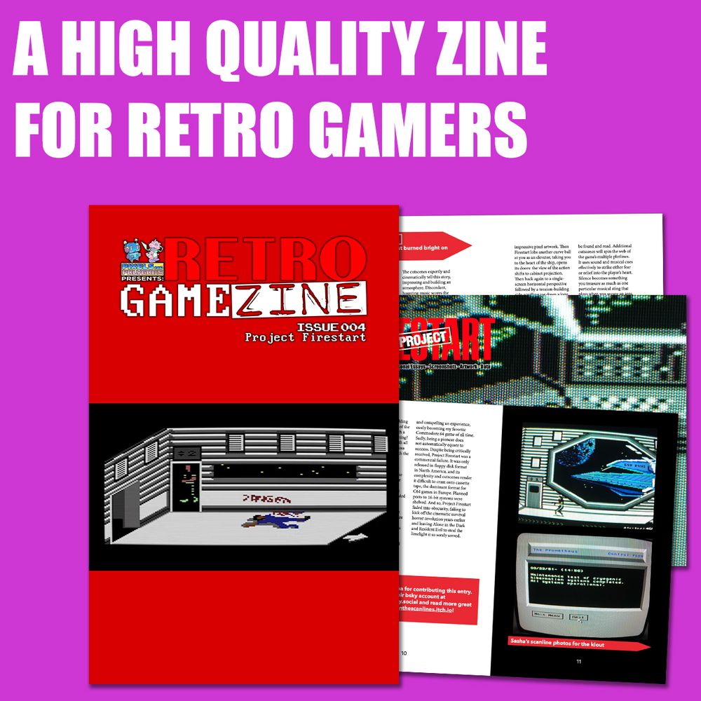 Retro Game Zine Issue 004. A red cover and interior pages previewing the coverage and screenshots from Project Firestart. 