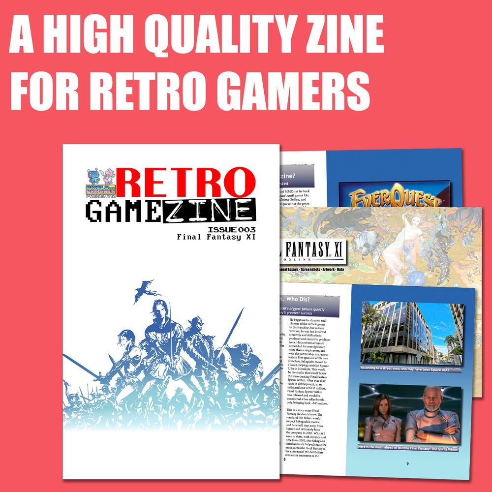 Retro Game Zine Issue 003 with the Final Fantasy XI logo on a white cover. Interior preview pages are shows with articles and screenshots from the game. 