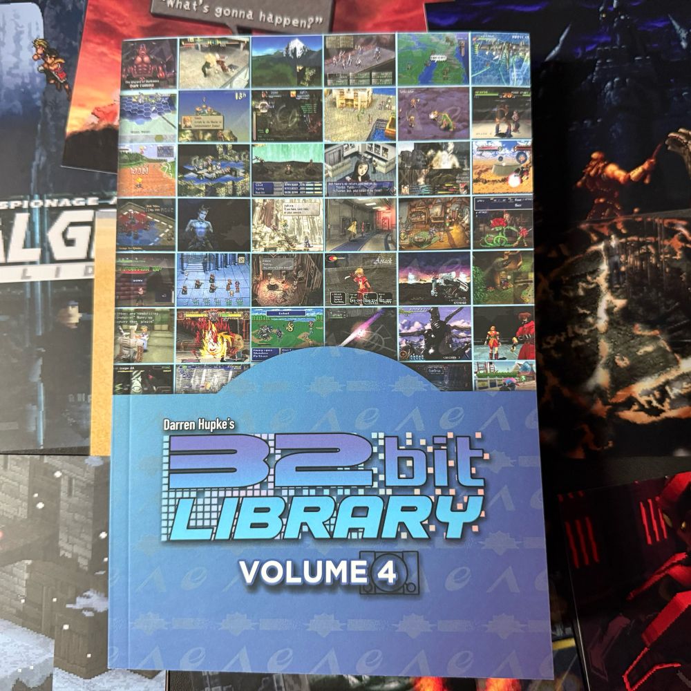 A blue paperback book with the title “32 Bit Library Volume 4” featuring a number of screenshots from various video games on the cover. Inside is written retrospectives for every game covered and bonus material from industry friends. 