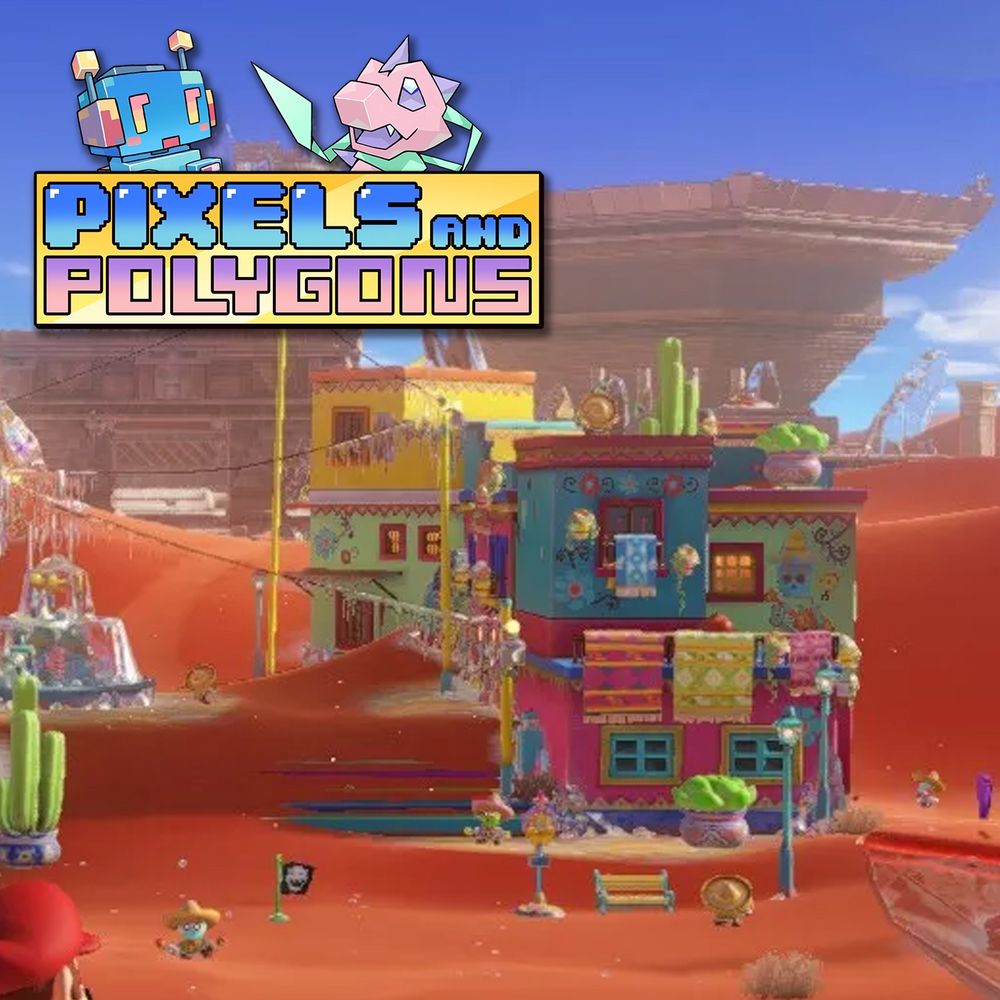 Pixels and Polygons logo overset on a screenshot of a colorful video game. 