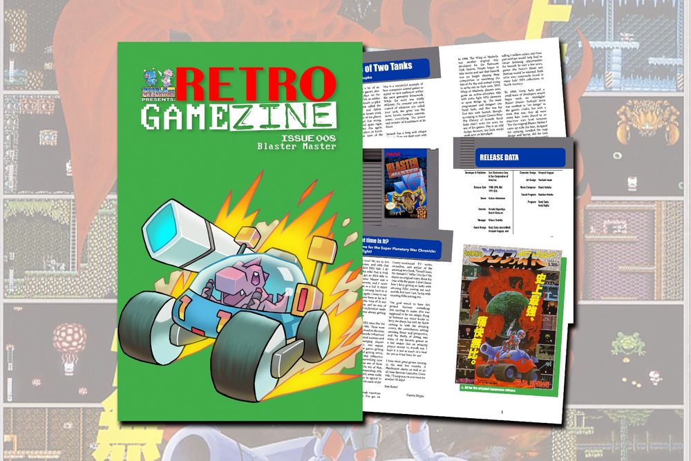 Preview of the green cover of Retro Game Zine 008 featuring an illustration of the Pixels and Polygons mascot looking like the Blaster Master tank