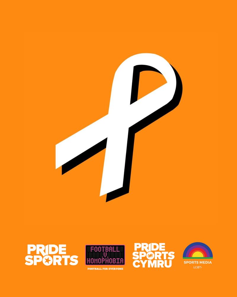 A graphic of a white ribbon logo on an orange background with the logos of Pride Sports, Football v Homophobia, Pride Sports Cymru and Sports Media LGBT+