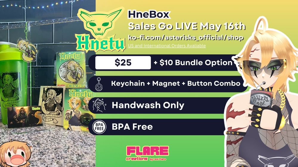 Merch announcement via Flare Creations for Hnetu!
