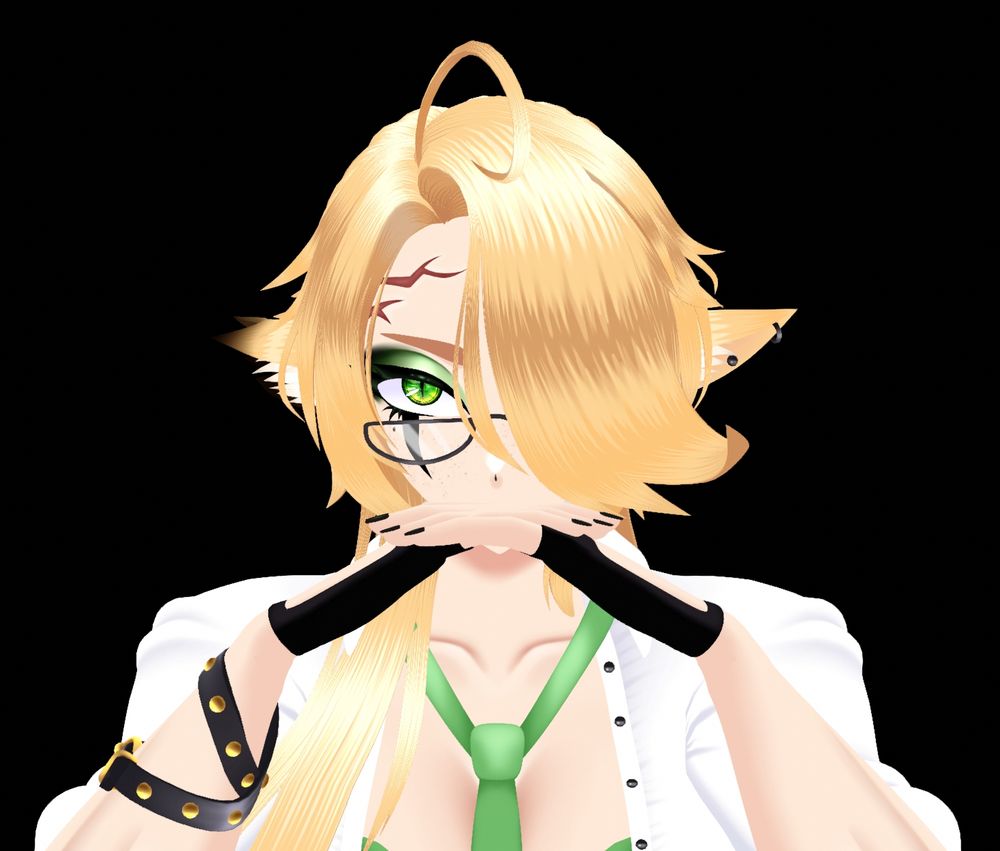 Hnetu, catgirl vtuber, in the GENDOU POSE, in her business outfit.