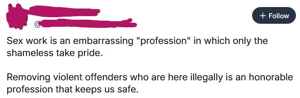 Bluesky handle redacted. Text is as followed: Sex work is an embarrassing 