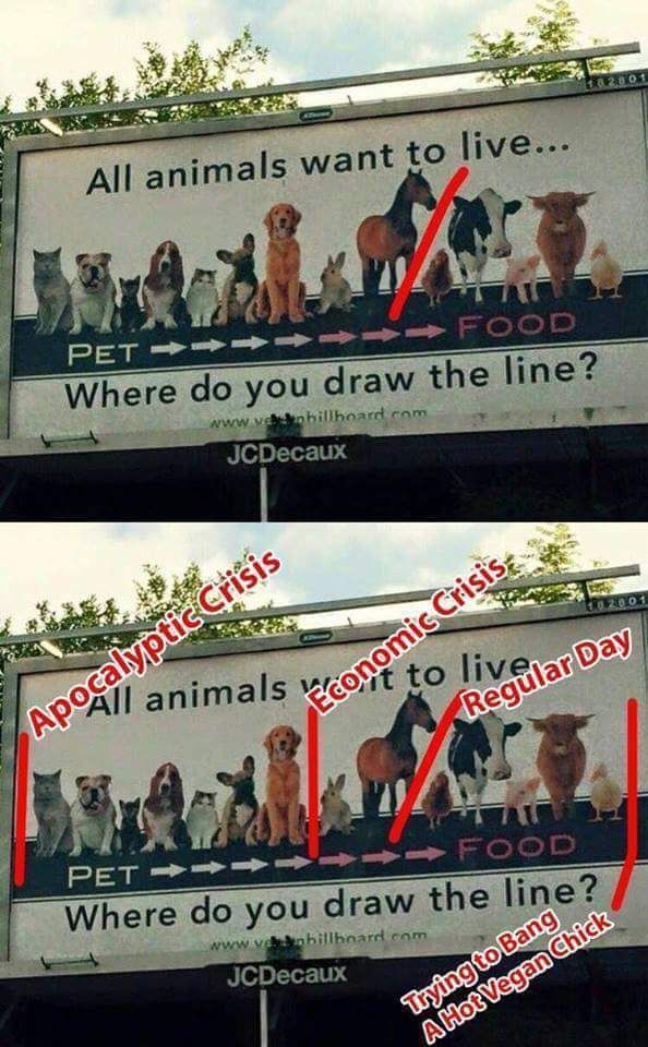 All animals want to live. Where do you draw the line?

Apocalyptic crisis:
Domestic cats and dogs

Economic crisis:
Rabbit, horse

Regular day:
Chicken, cattle, pig, duck

Trying to bang a hot vegan chick:
Obvious proof that this pic isn't made by me, cuz banging a hot vegan chick is not worth giving up bacon and steak