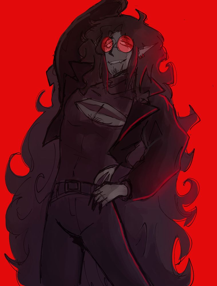 drawing of a vampire with long black hair and red sunglasses