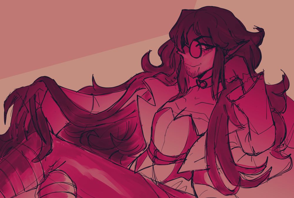a vampire drawn in pink hues lounging while playing with his hair