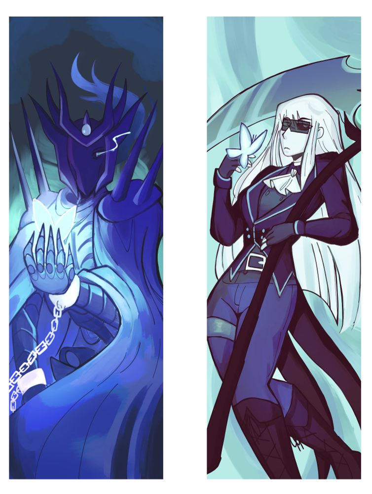 two bookmark-styled drawings. the first is a lich king with a butterfly in his hand. the second is a reaper woman also with a butterfly in her hand.