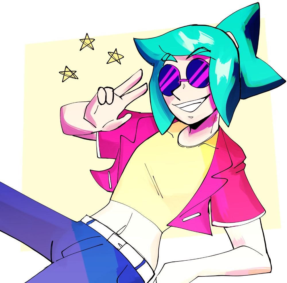 drawing of a blue haired character with stars