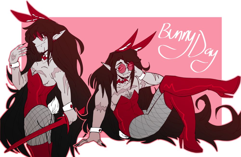 two drawings of a vampire man in a playboy bunnysuit