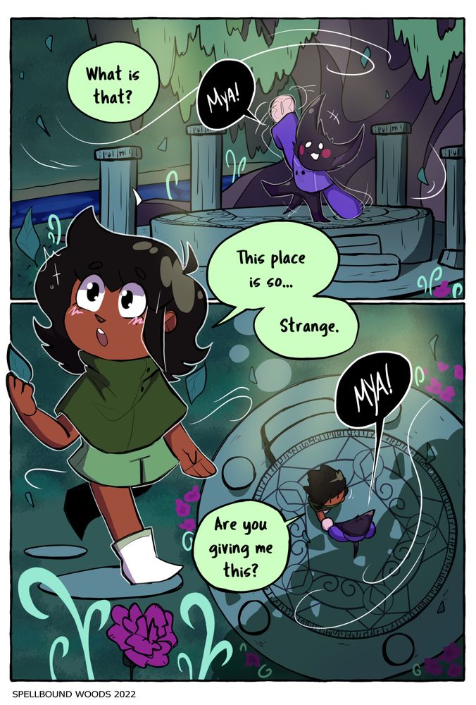 Comic page from Spellbound Woods
Kato takes in the scenery of a mystical green grove