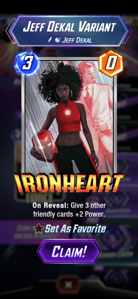 Jeff Dekal variant for Ironheart card in Marvel Snap
