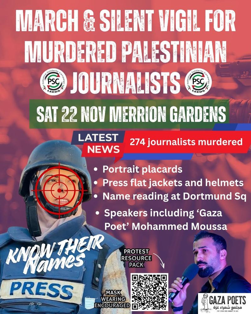 Poster advertising vigil for murdered journalists in Leeds 22 November Merrion Gardens Leeds